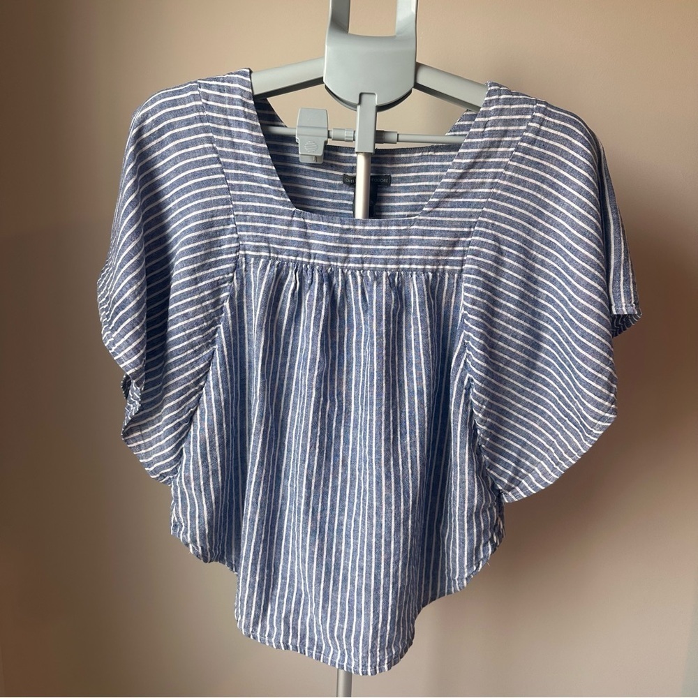 Chelsea & Theodore Linen Flutter Top S Blue White Stripe Coastal Lagenlook